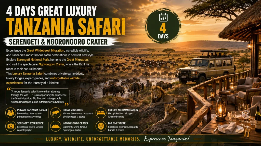4 Days Great Luxury Tanzania Safari – Serengeti & Ngorongoro Crater